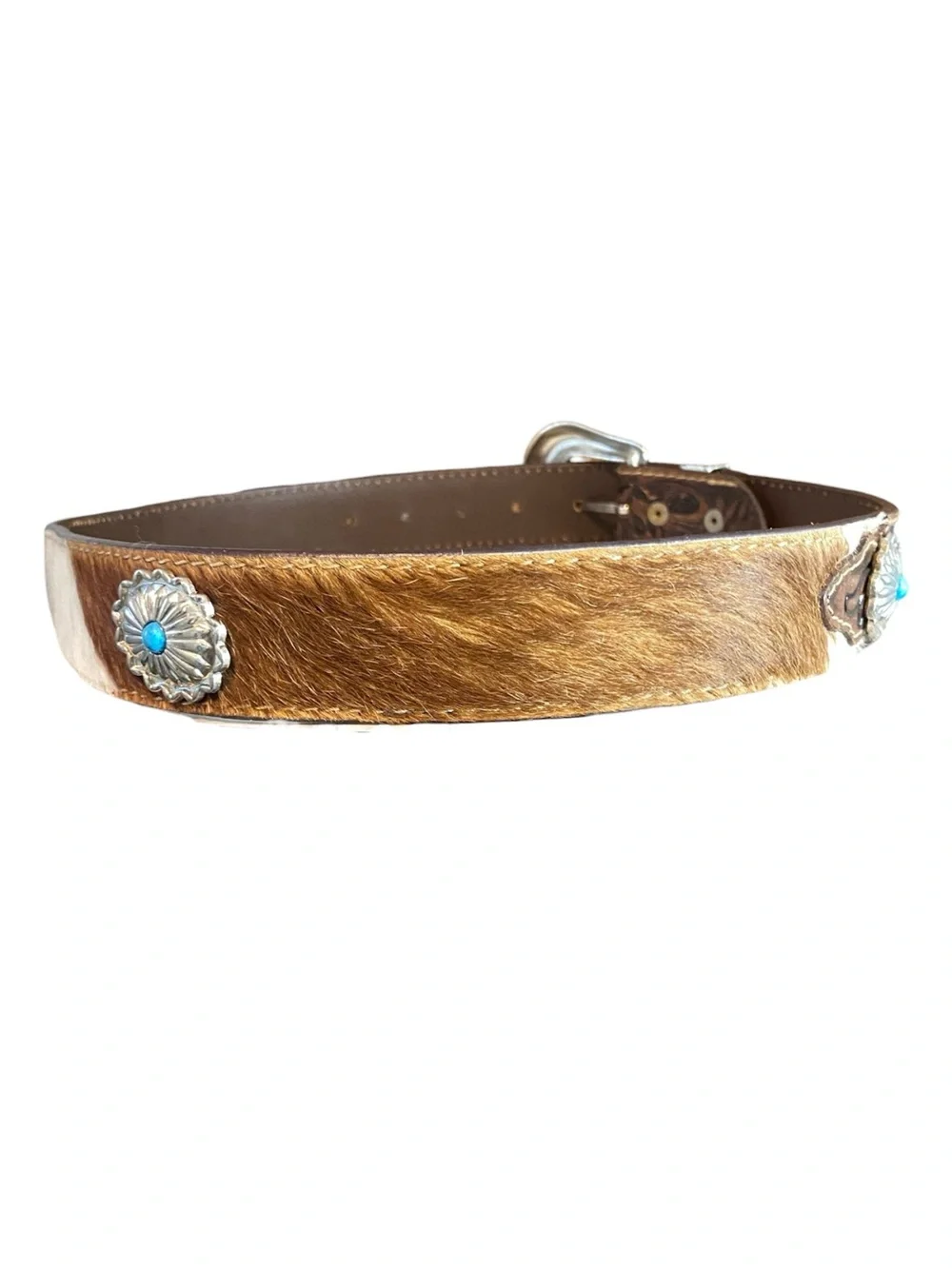 Brown Leather Western Belt Tooled Leather Hide Details Concho Details
